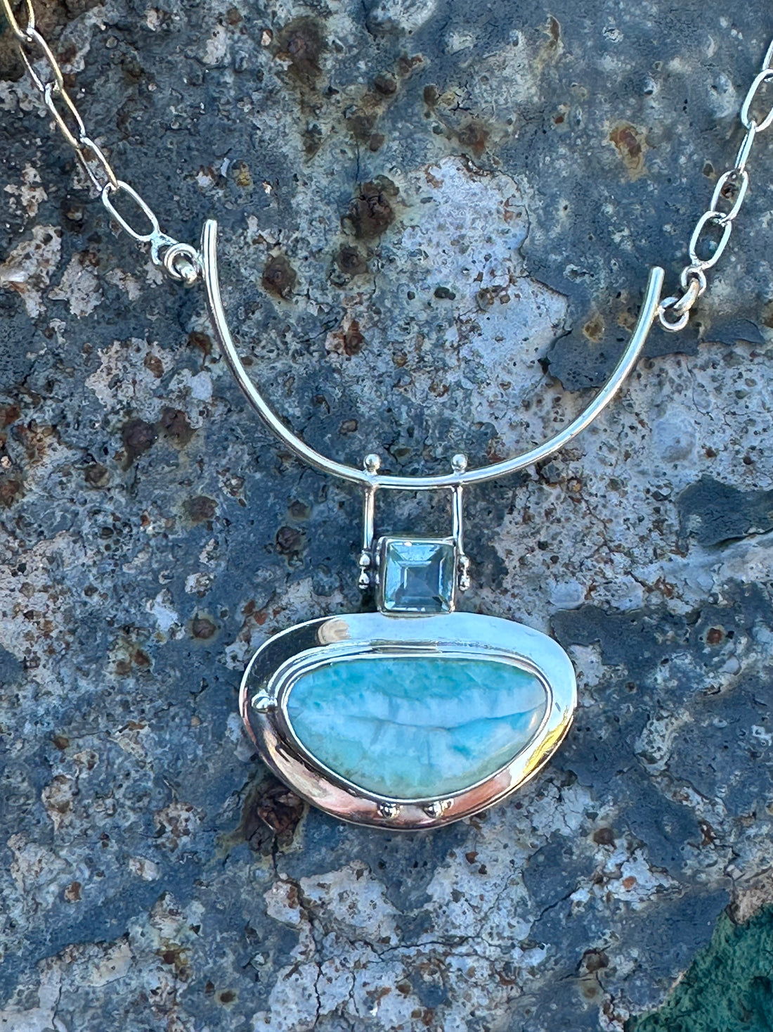Sterling Silver Oval Larimar Square Blue Topaz Necklace