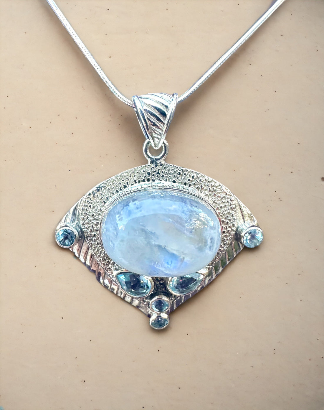 Sterling Silver 6 Blue Topaz Oval Moon Stone Triangle Necklace