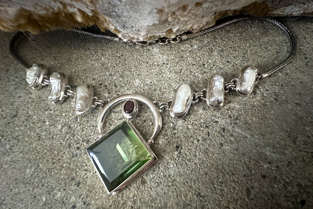 Diamond Shaped Green Obsidian with Biwa Pearls and Garnet Sterling Silver Necklace